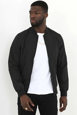 Mens Brave Soul Bomber Black Jacket Ribbed Crew Neck Lightweight Zipped Coat  - Image 1 of 2