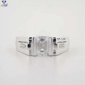 1.562 TCW Emerald And Round Cut Men's Labgrown Diamond Ring 925 silver lebstone - Picture 1 of 4