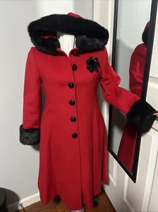 SZ 12 ROTHSCHILD WOOL BLEND FUR HOOD VICTORIAN RED SWING COAT JACKET CHURCH KATE - Picture 1 of 24