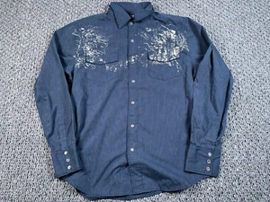 VTG Y2K Affliction Style Western Shirt Adult Medium Blue Striped Tribal Snap - Picture 1 of 12