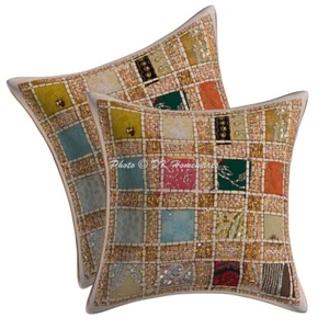 Cotton Throw Pillow Covers Patchwork Geometric Embroidered Sequins Pillowcase - Picture 1 of 6