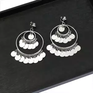 Pendientes de moda de 3" clip en plata doble aro martillado círculo - Imagen 1 de 4