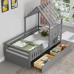 Twin Size Bed Frame for Kids,Wood House Bed w/2 Storage Drawers & Guardrails - Picture 1 of 20