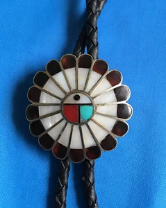 Vintage Bennett Bolo Tie Turquoise, Coral , Mother Of Pearl Sterling Silver - Picture 1 of 7