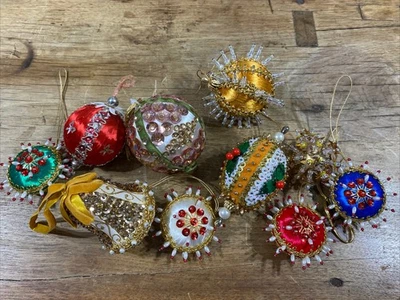 10 Vintage Fancy Handmade Satin Beaded Sequined Stick Pin Christmas Ornaments - Image 1 of 4