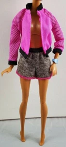 New Barbie Doll Exercise Fashion Fitness Gym Outfit Grey Shorts Pink Jacket - Picture 1 of 4