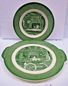 Green Colonial Homestead by Royal China Handled Serving Plate 11.5” & 9-1/8" Pla - Picture 1 of 9