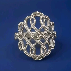 Vintage 80's Sterling Silver Texture Filigree Marcasite Ring Size 9 Stamp MO 925 - Picture 1 of 17