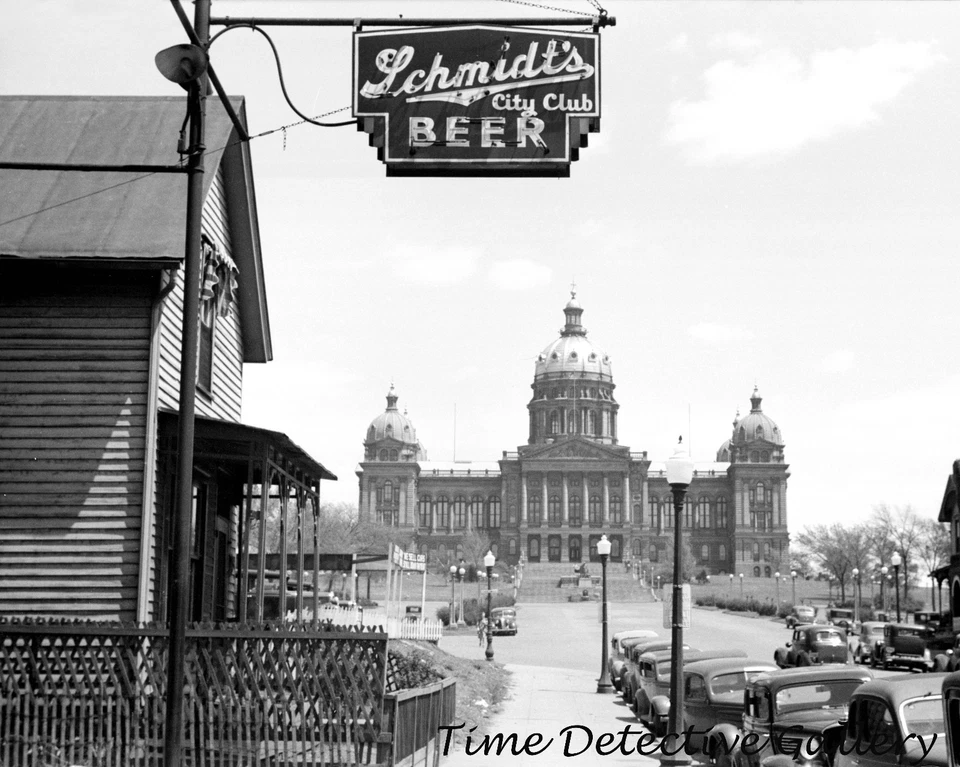 Letrero de cerveza Schmidt y Capitolio del Estado, Des Moines, Iowa 1940 - Impresión fotográfica histórica Foto 1 de 1