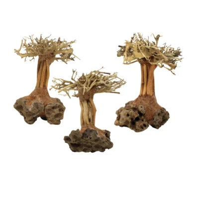 3-Pack Bonsai Driftwood Aquarium Trees on Rock (4" Height) - Handcrafted Natural - Image 1 of 3