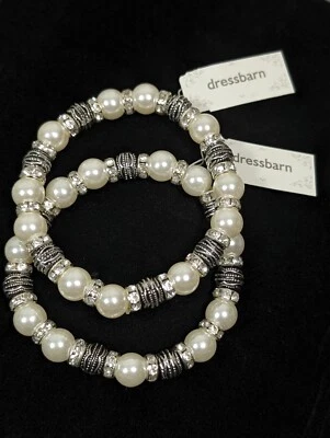 Lote de 2 Pulseras Vestido Granero Blanco Vidrio Imitación Perla Tono Plata Estrás 7.5" Foto 1 de 4