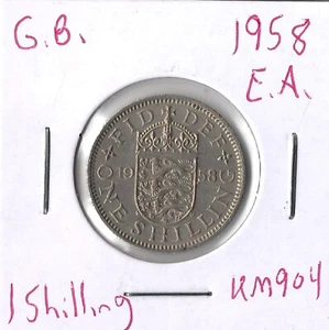 Moneda Gran Bretaña 1 chelín 1958 KM904, Isabel II, armas inglesas - Imagen 1 de 3