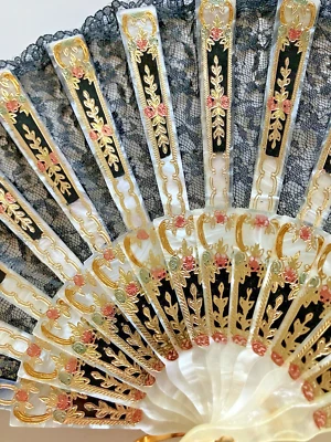 Vintage Handheld Ivory Black Gold Pink Detail Lace 9" Fan - Image 1 of 4