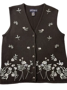 MOUNTAIN LAKE Black Sleeveless Button Up Vest Floral Embroidery Women’s Size S - Picture 1 of 8