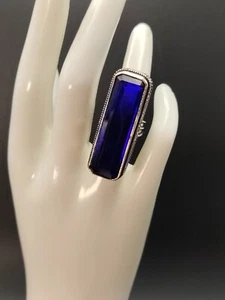 Long Silver Cobalt Glass Cocktail Ring, sterling silver Sz 6, 1 3/4" x 1/2" - Picture 1 of 12