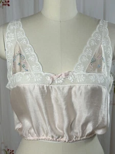 Antique 1930s Pink Silk Camisole Corset Cover Bralette Embroidery Lace sz S/M - Picture 1 of 6