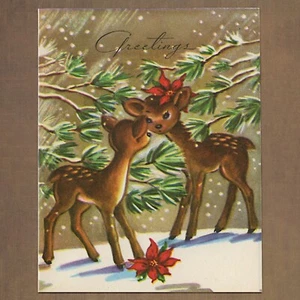 Unused Vintage Paper Craft MERRY CHRISTMAS Card, Cute Deer Fawns Snow Poinsettia - Picture 1 of 6