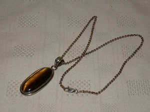 Vintage Sterling Silver Tigers Eye Pendant On 17.5" Chain - Picture 1 of 6