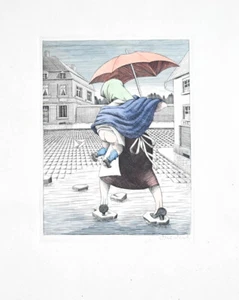 c1950 Otto Nückel Signierte Original-Radierung Bleischnitt koloriert Platzregen - Picture 1 of 1