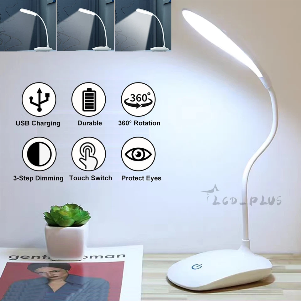 Luz de Escritorio LED Regulable Mesita de Noche Lectura Lámpara USB Sensor Táctil Recargable Foto 1 de 4