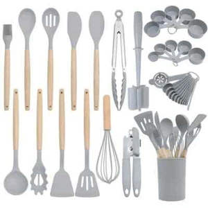 36 Pieces High Quality Non-stick Silicone Kitchen Utensils Set Ergonomic Wooden - Picture 1 of 11