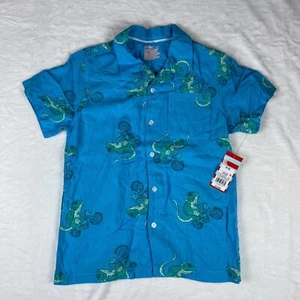 Cat & Jack Shirt Boys Medium Blue Lizard Bicycle Print Short Sleeve Button Down - Picture 1 of 5