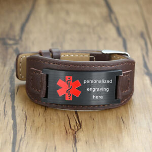 Personalized Genuine Leather Medical Alert ID Men's Bracelet Cuff Free Engraving