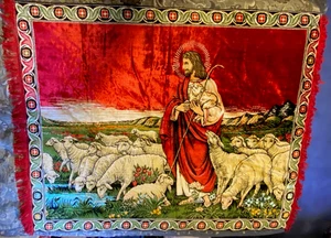 The Good Shepard Jesus Christ Sheep Vtg Velour Wall Rug Tapestry 48" x 64" MCM - Picture 1 of 14