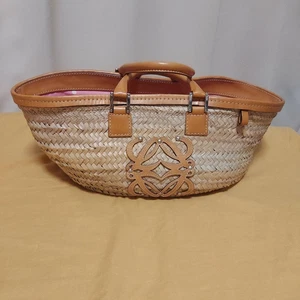 LOEWE Basket Hand Bag anagram Straw Leather Inner Pink From Japan Authentic - Picture 1 of 16