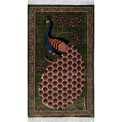 Alfombra de lana de pavo real anudada a mano 2,5x4 pies verde de lujo tradicional hecha a mano Foto 1 de 4