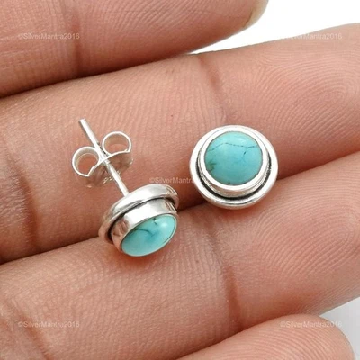 Round Natural Turquoise 925 Silver Christmas Gift Butterfly Wife Stud Earrings - Image 1 of 4