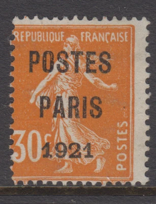 FRANCE 1921 PARIS PRE-CANCEL 30c ORANGE, MNG YVERT 29 - Image 1 of 2