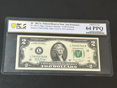 2017 A $2 Federal Reserve Note **PCGS 64 Choice UNC PPQ** US Bill LOW Shipping!! - Image 1 of 4
