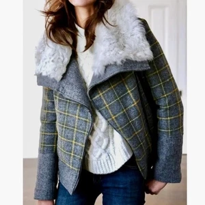 CHAQUETA BANANA REPUBLIC PIEL SINTÉTICA A CUADROS MOTO MEZCLA LANA GRIS MULTICOLOR TALLA M - Imagen 1 de 16