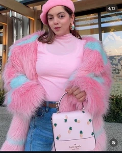 Peter Alexander Fur Coat Unreal Fur Pink Blue Fluffy Size XS-S Oversized - Picture 1 of 11
