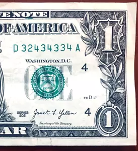 2s 3s 4s Trinary Note One Dollar 2021 Series Fancy Serial Number D32434334A - Picture 1 of 3