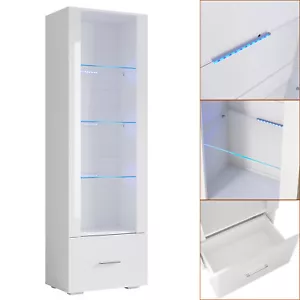 Vitrine Hochschrank Glasvitrine mit LED-Leuchten Schubladen Weiß Hochglanz 172cm - Bild 1 von 22