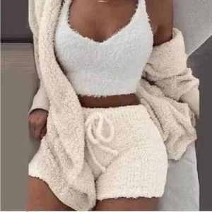3 Piece Fluffy Pajamas Women Casual Sleepwear Tank Top and Shorts - Picture 1 of 3