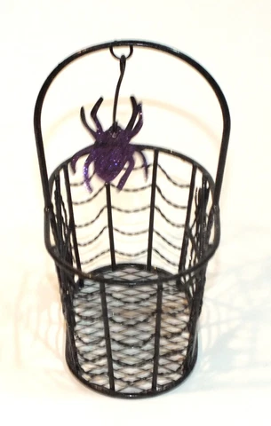 Vintage Halloween Wire Basket Spiders Spiderweb Black Glitter Small Holder Decor Cover