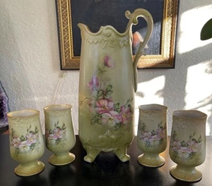 Vintage NIPPON Tall Hand Painted Style Roses Lemonade Pitcher Ewer, 4 glasses - Picture 1 of 11