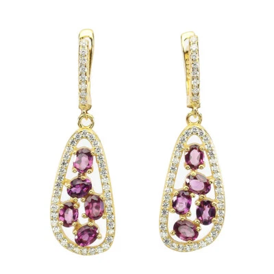 925 Sterling Silver Unheated Oval Rhodolite Garnet 4x3mm Simulated Cz Earrings - Image 1 of 4