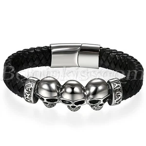 Men's Punk Black Braided Leather Magnetic Stainless Steel Skull Bracelet Cuff - Picture 1 of 5
