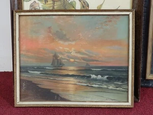 ANTIQUE Estate Liq Unsearched Signed? SEASCAPE OIL PAINTING OLD OCEAN LANDSCAPE - Picture 1 of 10