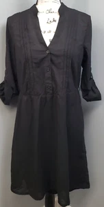 Charlotte Russe Shirt Dress Women's L Black Pleated Roll Tab Sleeve Half Button - Picture 1 of 15