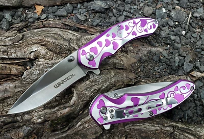 Purple Hearts Spring Assisted Pocket Knife 3.3 oz Flipper Tab Ladies Love Gift - Image 1 of 4