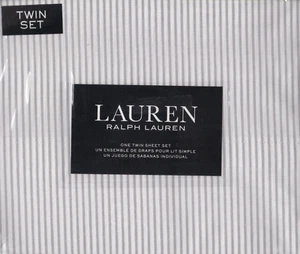 Ralph Lauren Twin Sheet Set Oxford Stripe Grey 3pc Cottage Farmhouse Chic White - Picture 1 of 5