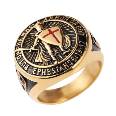 Knights Templar Put On The Whole Armor of God Ring Stainless Steel Gld Size 7-13 - Image 1 of 4