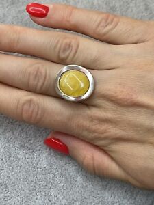 Natural Baltic Amber Ring with Sterling Silver.Egg Yolk Amber Ring 7 1/2 US