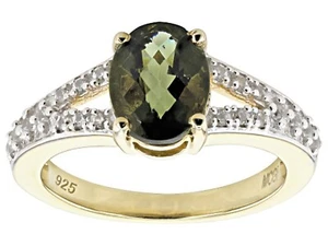 1.35CT MOLDAVITE WITH 0.27CTW WHITE ZIRCON 18K GOLD OVER STERLING SILVER RING -9 - Picture 1 of 4