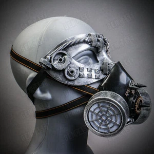 Steampunk Eye Mask with Face Cover Respirator Burning Man Cosplay Costume Silver - Picture 1 of 4